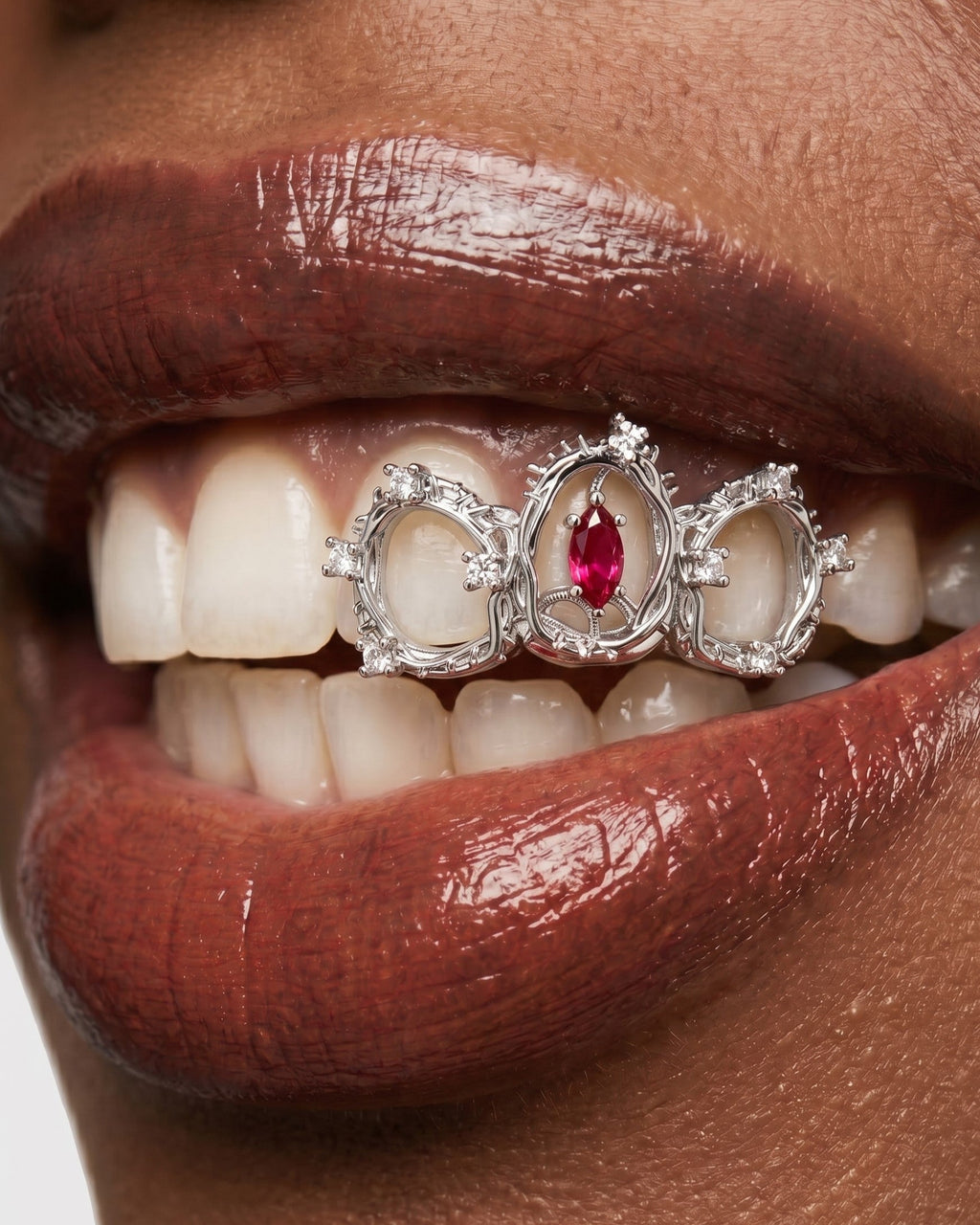 Ruby Crystal Oval Frame Triple-Tooth Grill