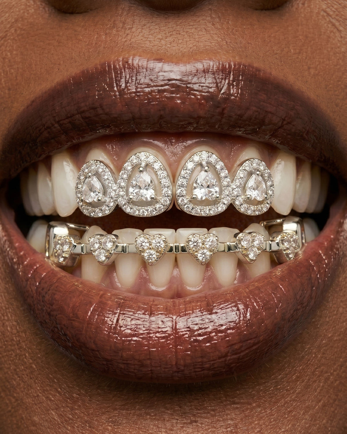 Heart Charm Bar & Teardrop Crystal Tooth Grill Set