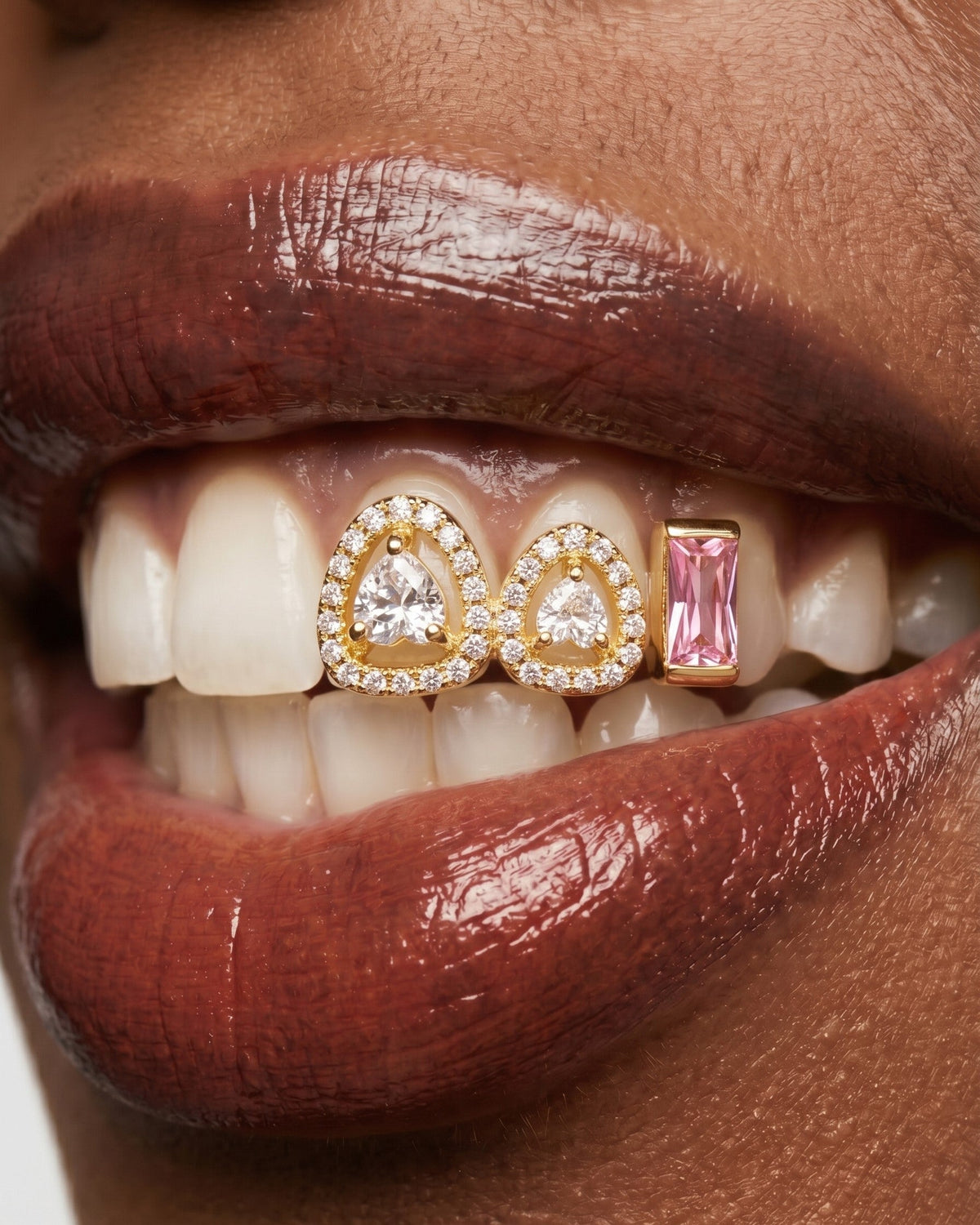 Heart Crystal Pavé & Pink Baguette Tooth Grill Set
