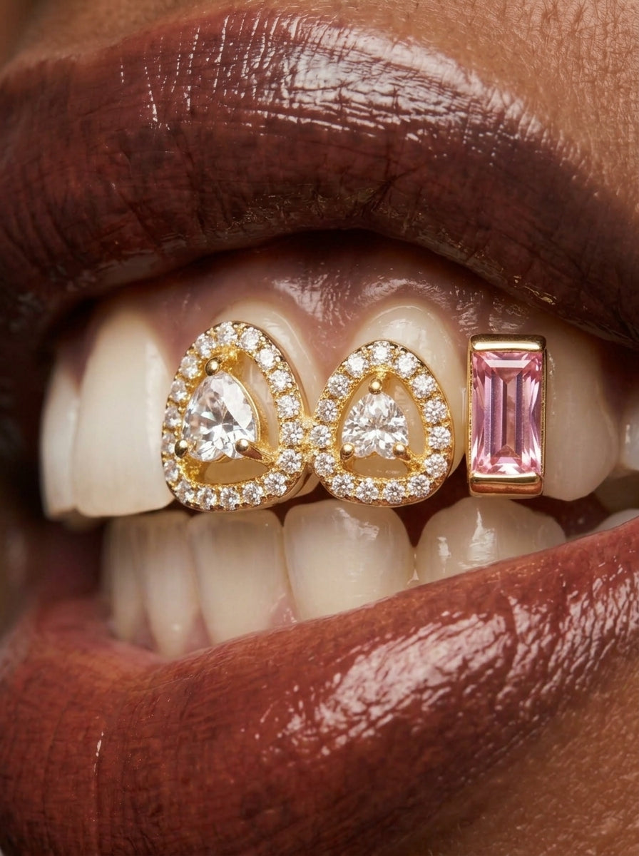 Heart Crystal Pavé & Pink Baguette Tooth Grill Set