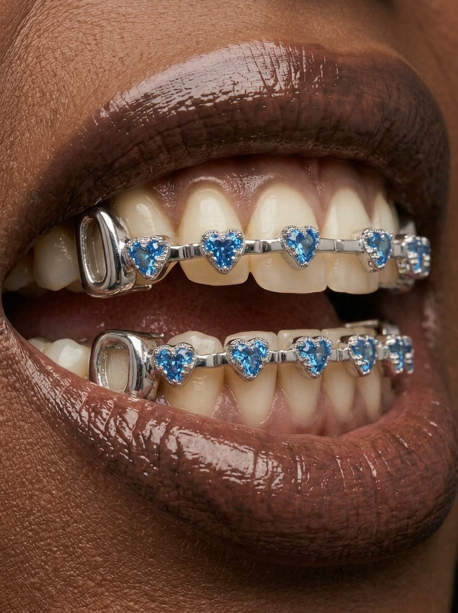 Blue Crystal Heart Bar Tooth Grill Set