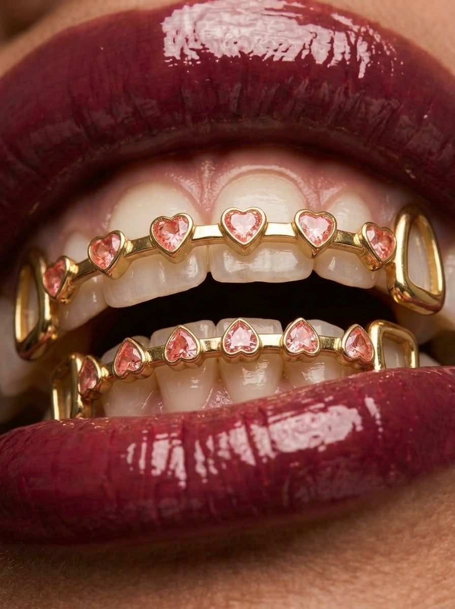 Double Row Heart Crystal Bar Tooth Grill