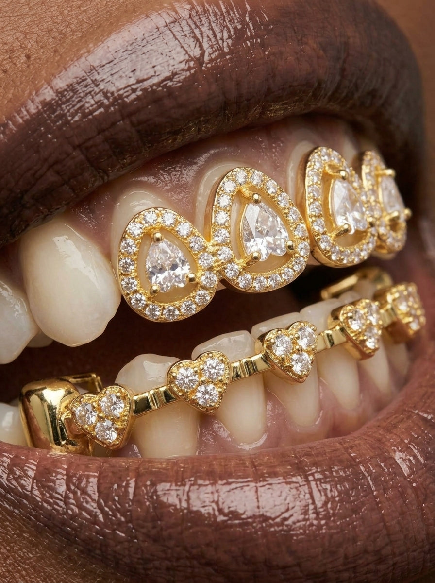 Heart Charm Bar & Teardrop Crystal Tooth Grill Set