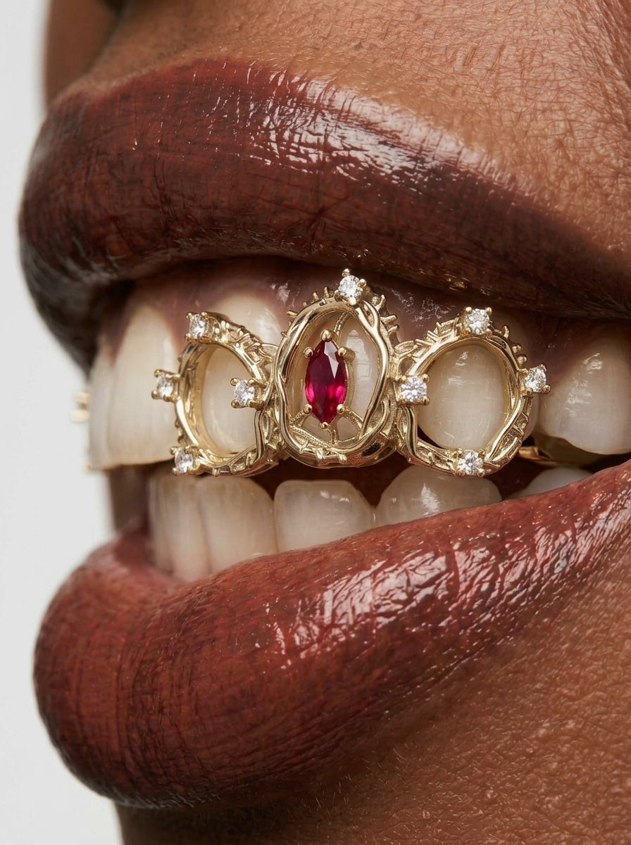 Ruby Crystal Oval Frame Triple-Tooth Grill