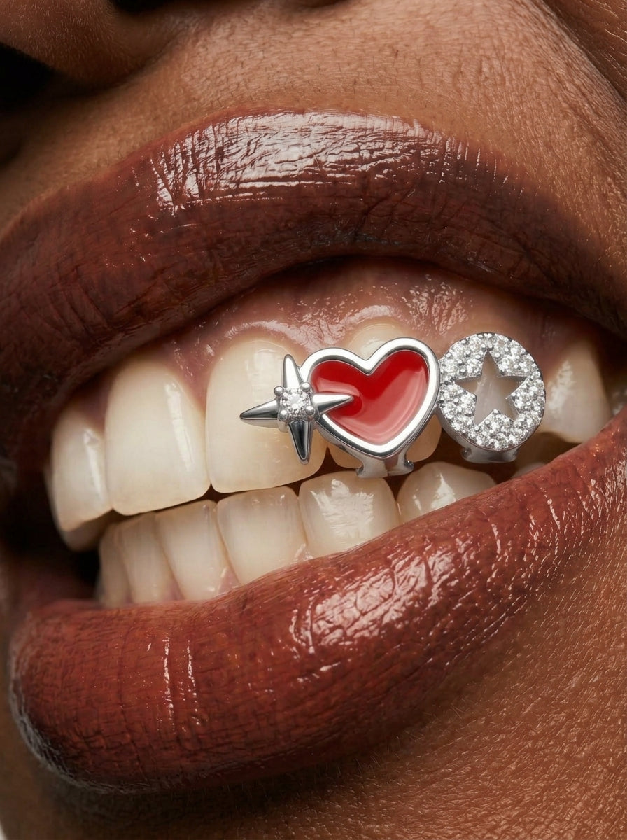 Crystal Star Heart Pavé Double-Tooth Grill