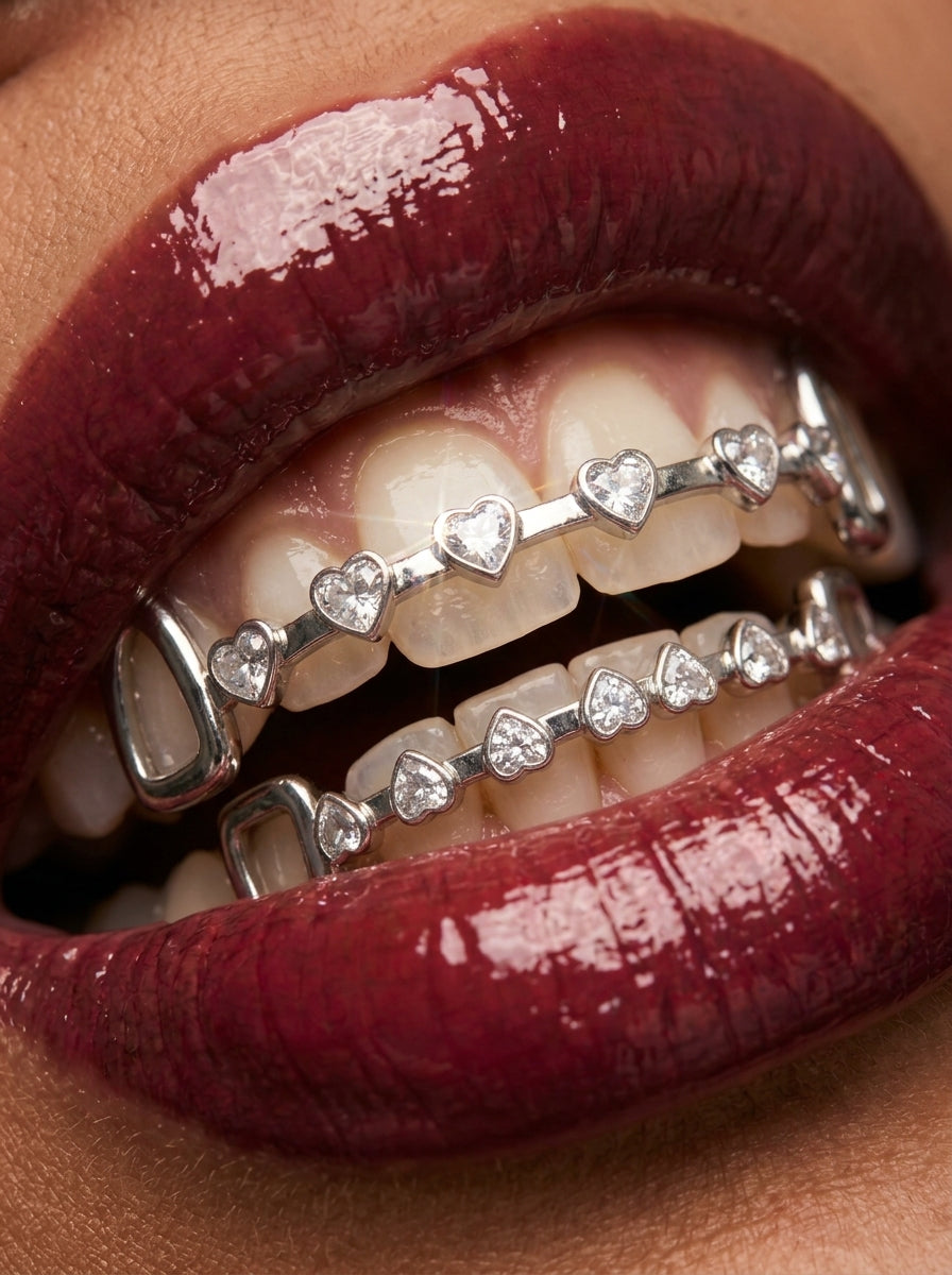 Double Row Heart Crystal Bar Tooth Grill