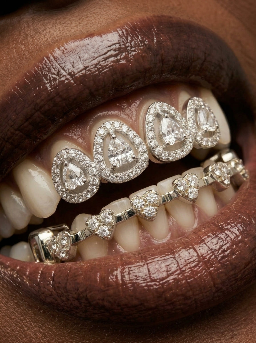 Heart Charm Bar & Teardrop Crystal Tooth Grill Set