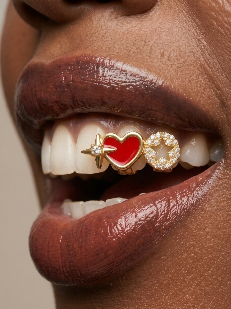 Crystal Star Heart Pavé Double-Tooth Grill