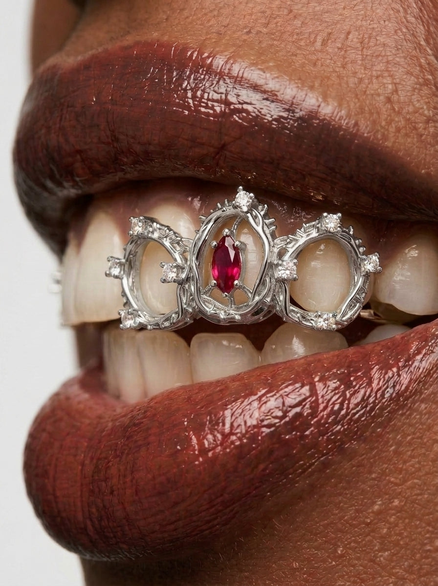 Ruby Crystal Oval Frame Triple-Tooth Grill